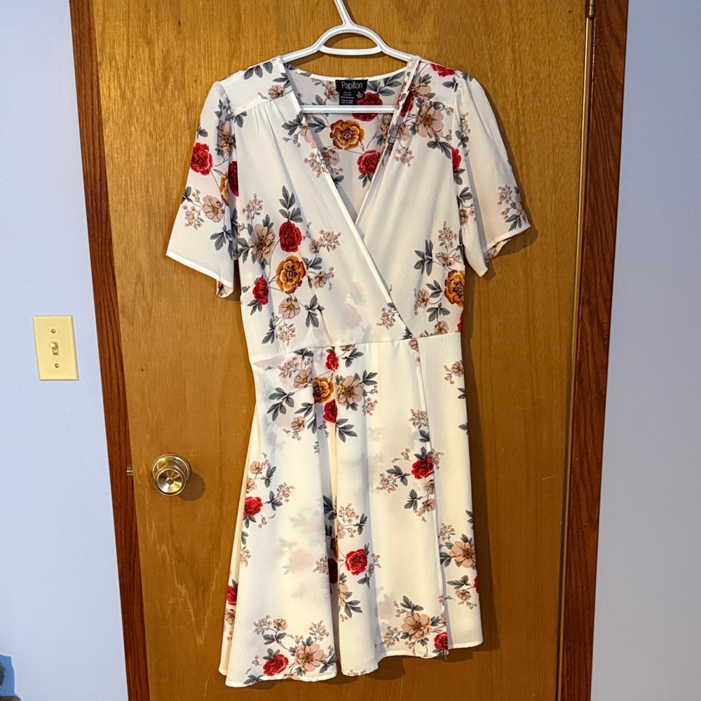 Floral Wrap Mini Dress - White with Red and Orange Accents